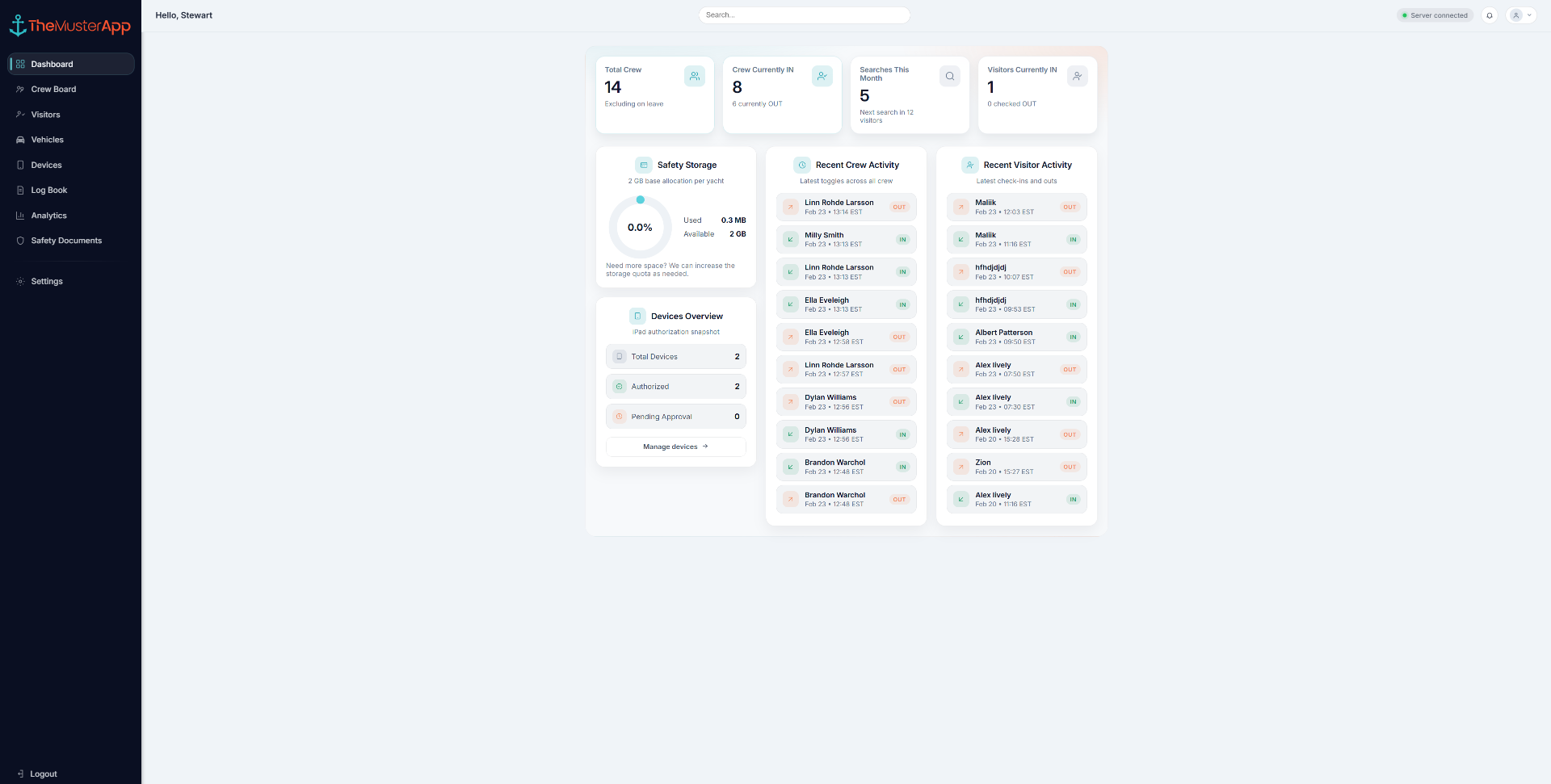 TheMusterApp Admin Dashboard — Crew management, visitor activity, and safety storage overview
