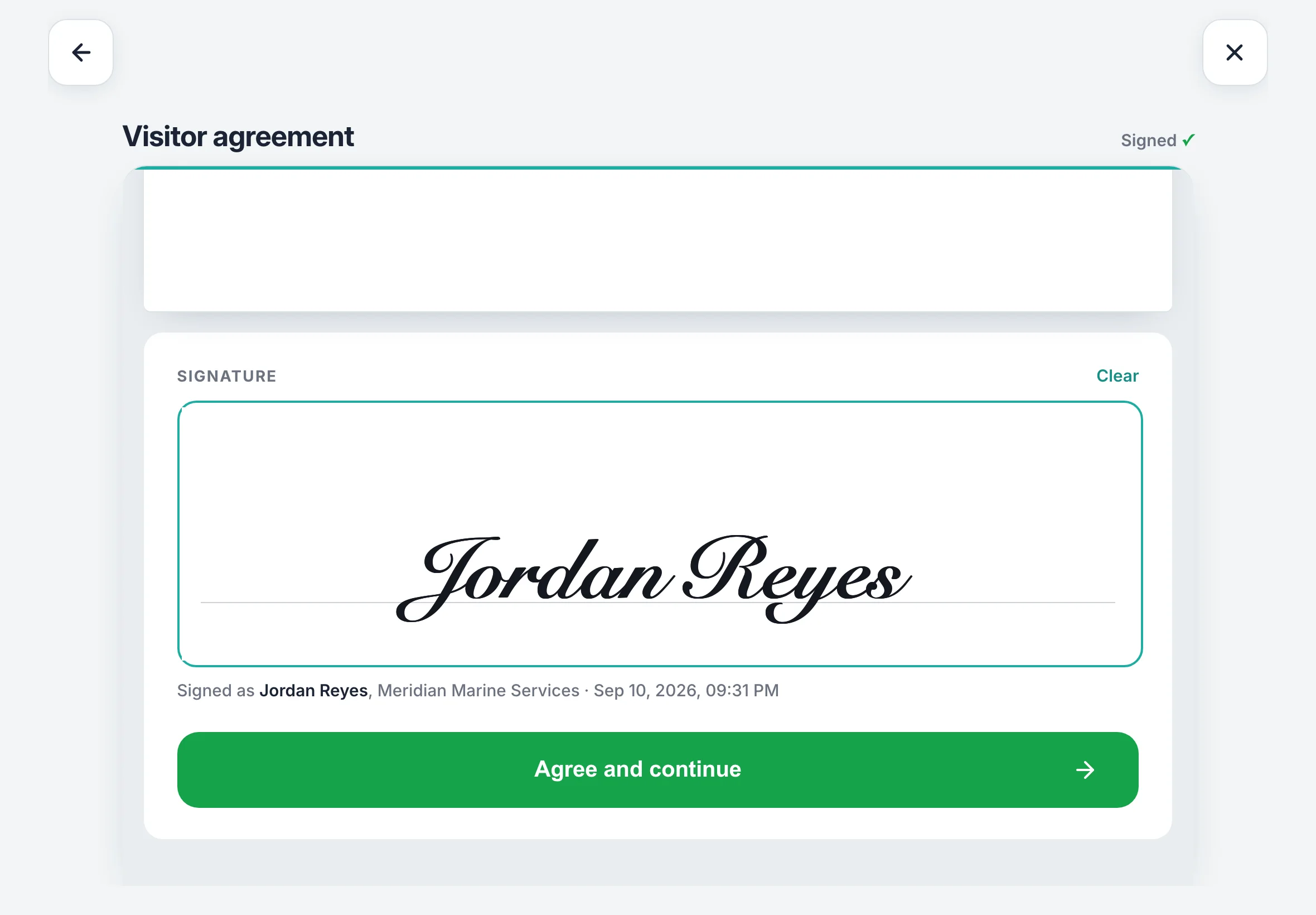 The visitor agreement on the iPad, read to the end and signed.