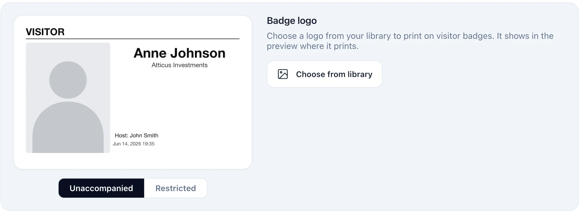 The badge designer: a preview of the printed badge with photo, name, company and host.