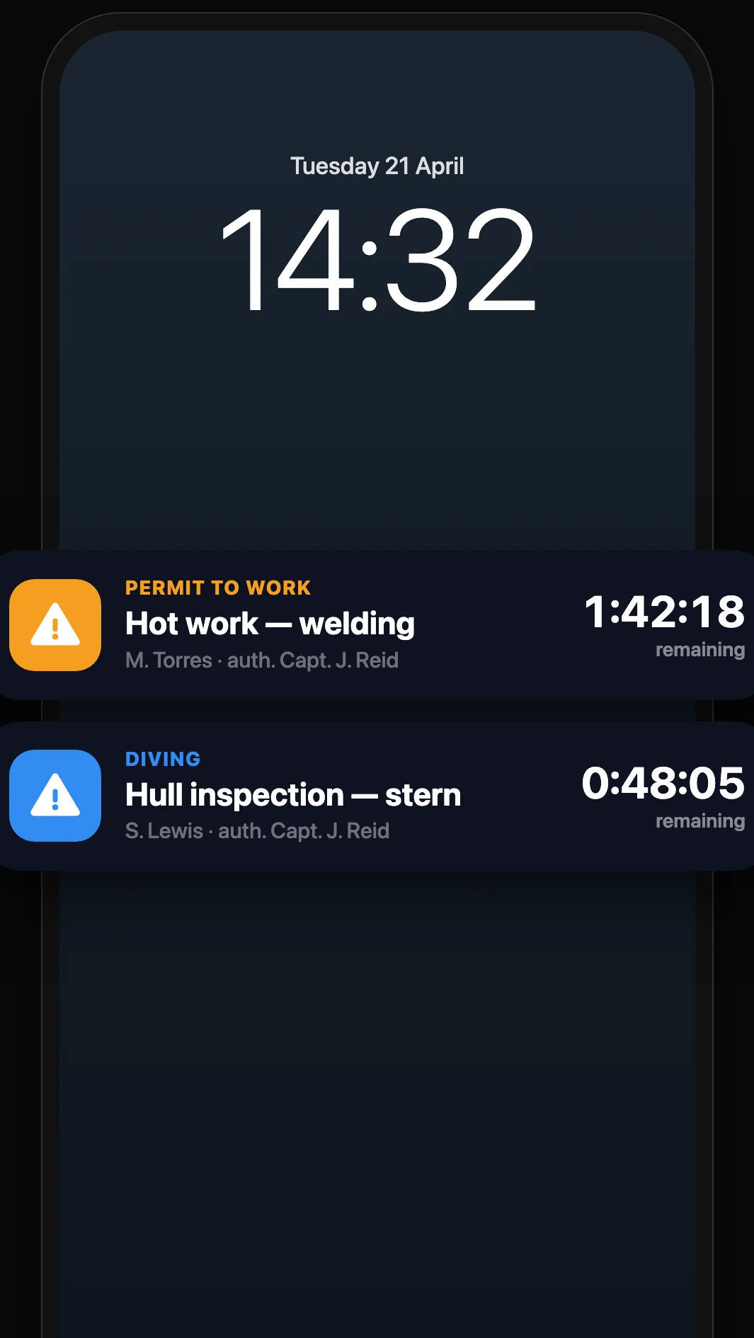 A crew phone lock screen carrying two Live Activities: a Permit to Work for hot work and welding raised by M. Torres and authorised by Capt. J. Reid with 1:42:18 remaining, and a Diving operation for a stern hull inspection raised by S. Lewis with 0:48:05 remaining.