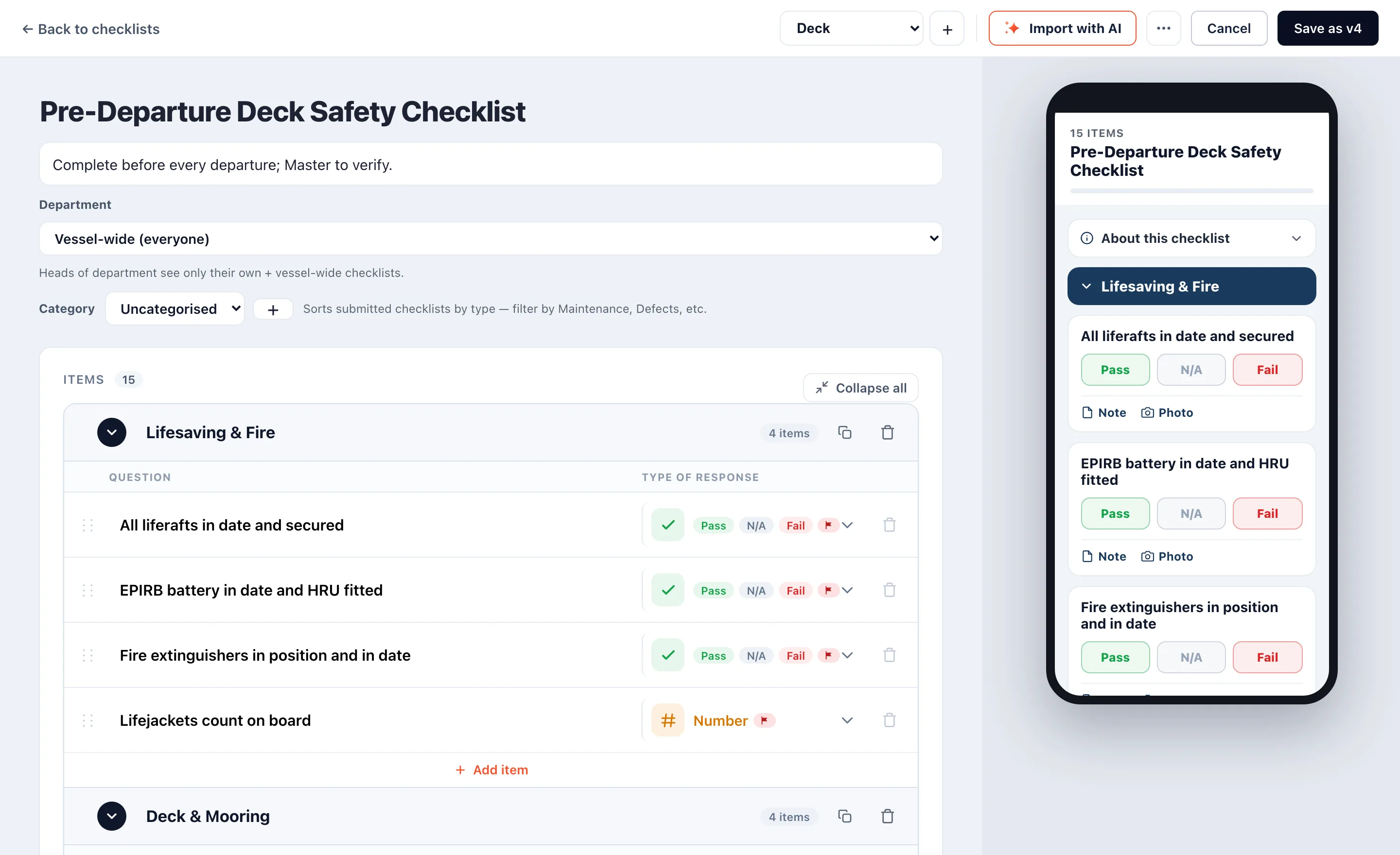 The checklist builder in the admin: a pre-departure deck safety checklist in sections, each item with its own response type, an Import with AI button in the toolbar, and a live preview of the crew&rsquo;s phone beside it.