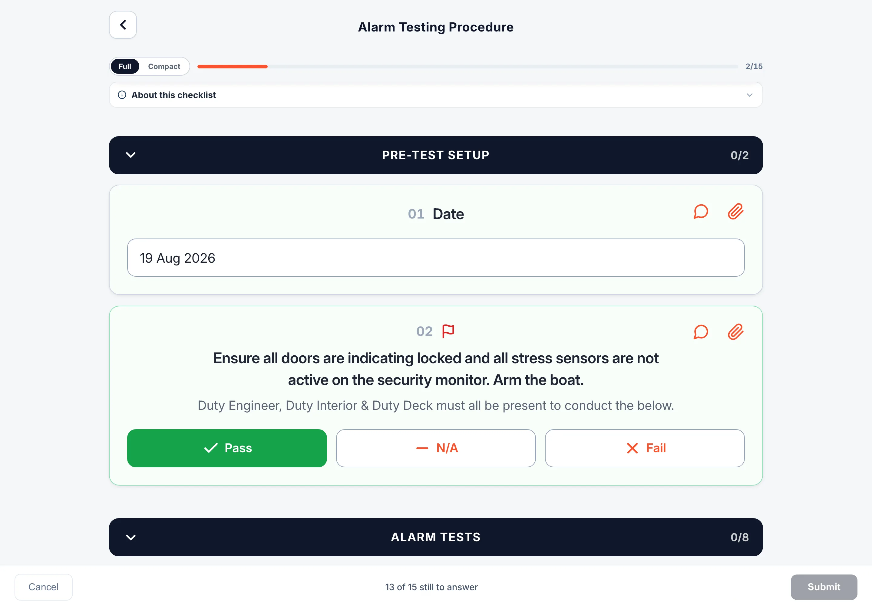 The Alarm Testing Procedure open on the iPad: a progress bar reading two of fifteen, a date answered, and a critical item marked Pass with room for a note or a photo.