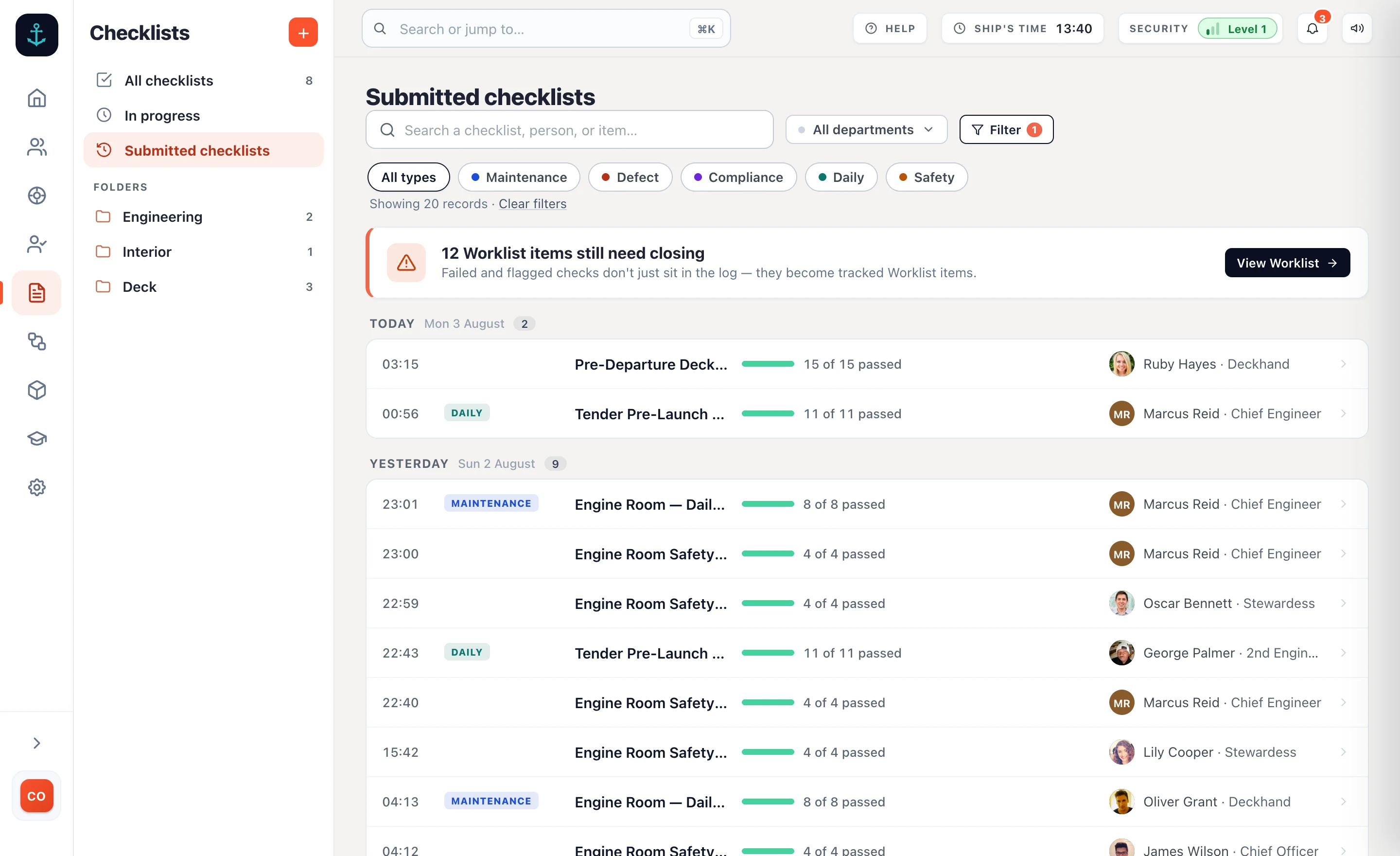 Submitted checklists in the admin: each completed check with the crew member who completed it, the number of critical failures, and whether they have been resolved.