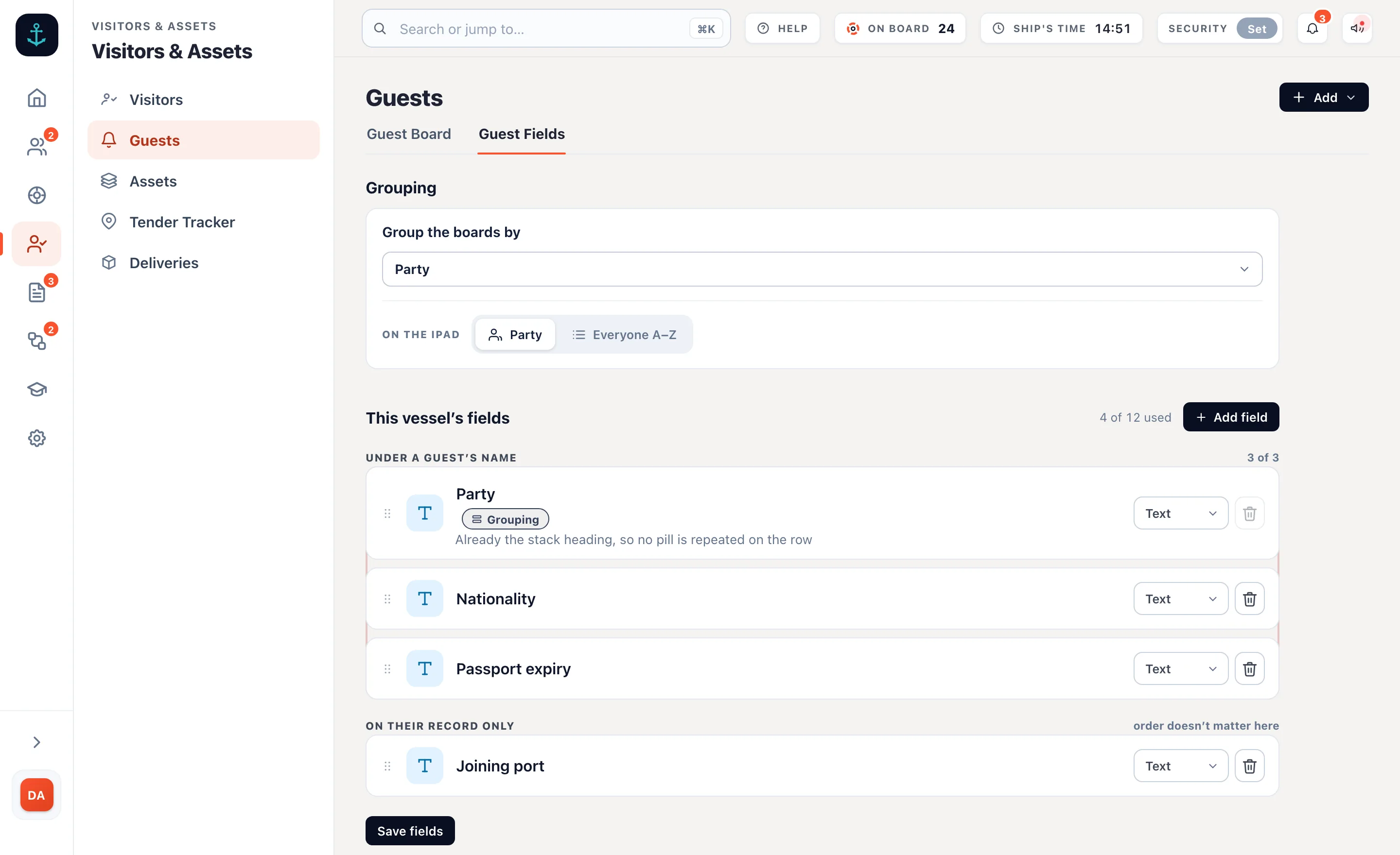 The guest fields page in the admin: the field the boards group by (Party), the fields shown under a guest&rsquo;s name, and the fields kept on the record only, this vessel&rsquo;s being Nationality, Passport expiry and Joining port.
