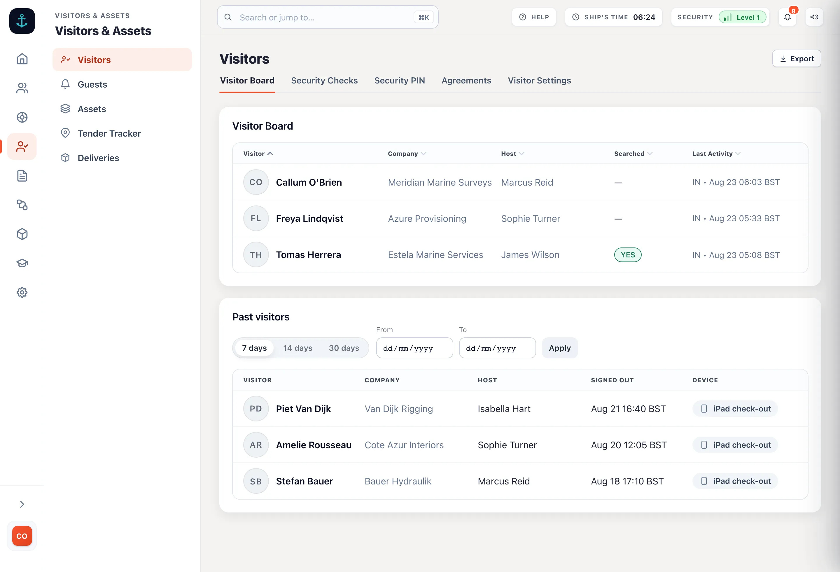 The admin Visitors page showing three visitors currently aboard with company, host and searched status, and past visitors below with sign-out times and a date range filter.