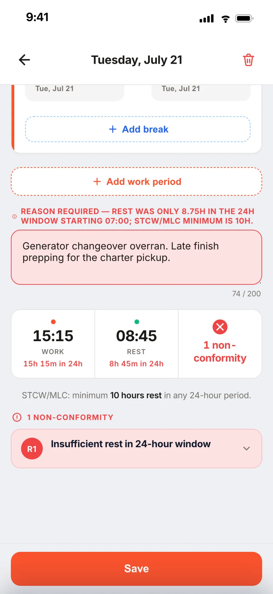 A red day in the crew app naming the rule that was broken, the window it was measured over, and the clause behind it.