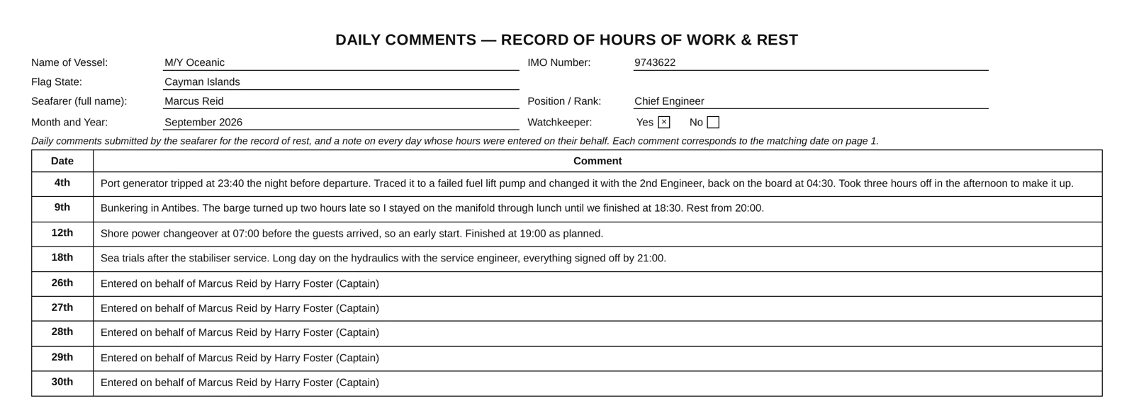 The comment sheet: every comment printed in full, one per day, with the record