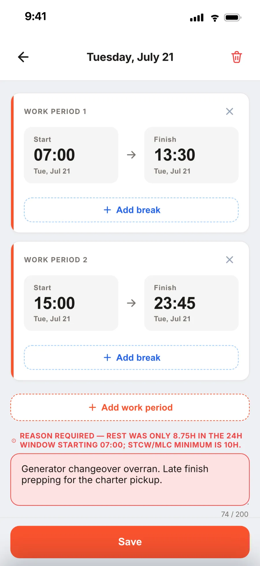 The day editor in the crew app: start and finish times, a break inside the work period, and the rest total for the day.