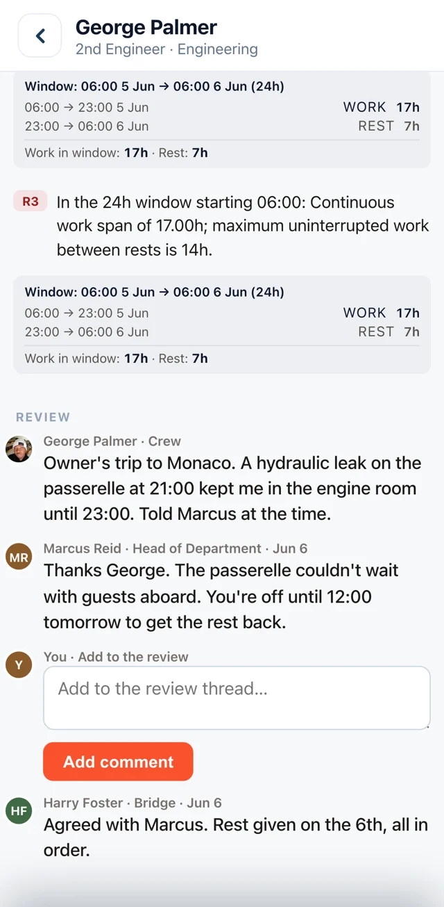 A red day in Muster Mate: the crew member’s comment and the Head of Department’s reply on the day