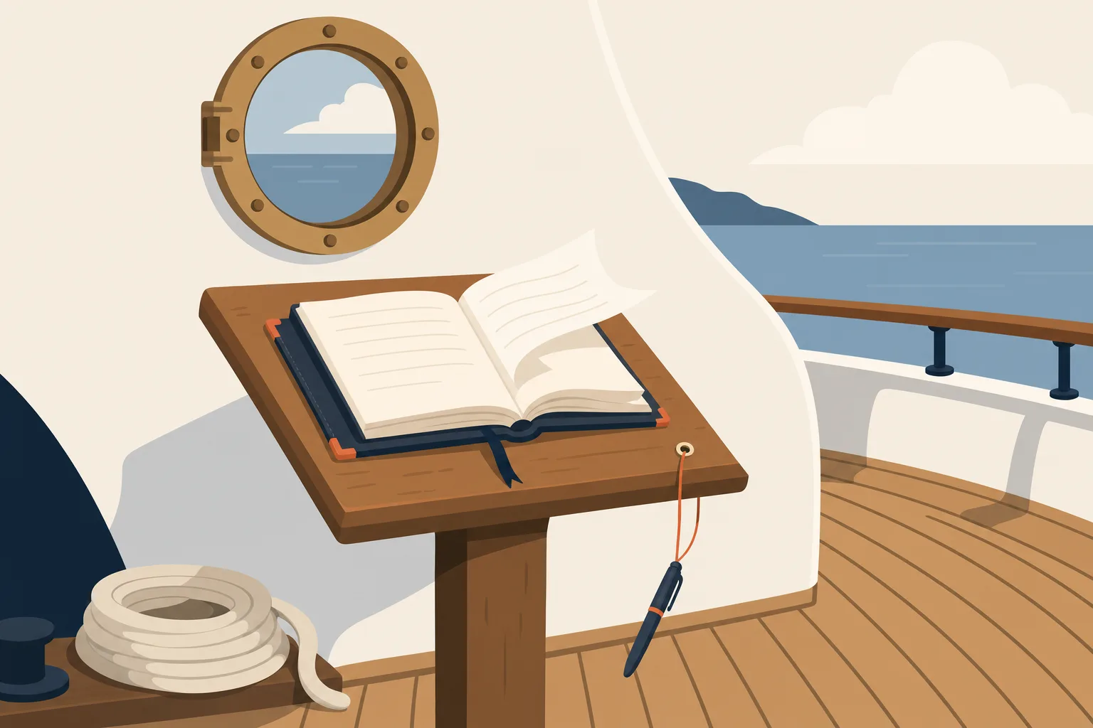 A paper visitor book open on a lectern on deck, a pen on a string, nobody attending it