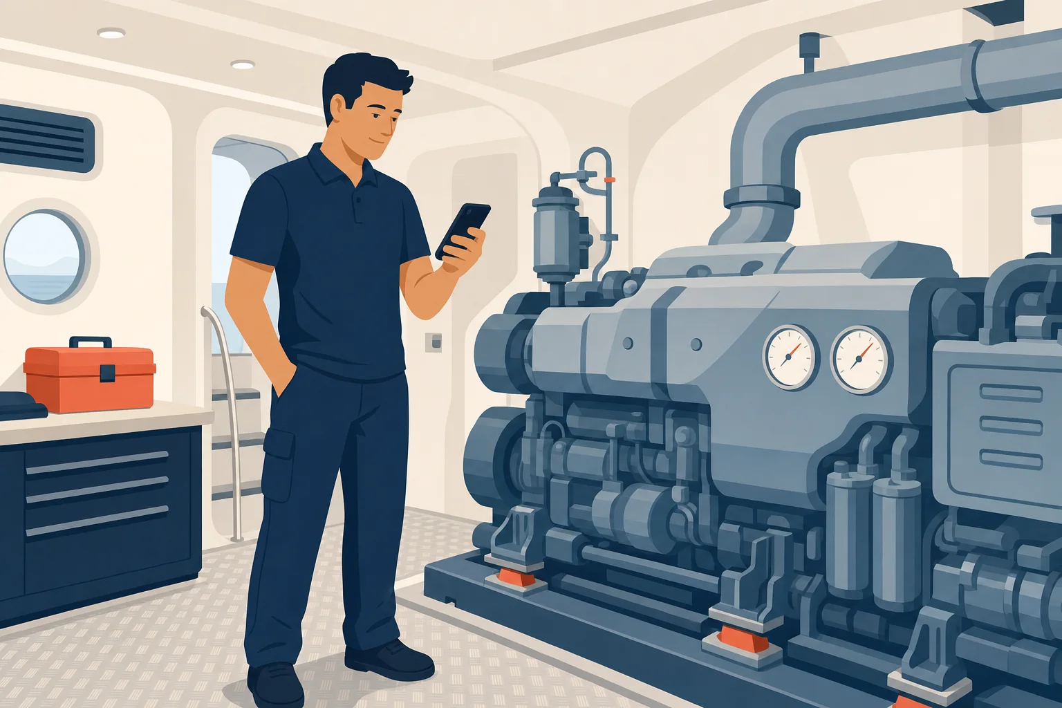 An engineer checking the engine room round on their phone