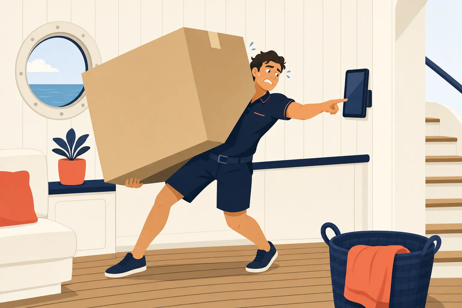 A crew member straining to hold a box bigger than themselves while reaching for the wall-mounted iPad
