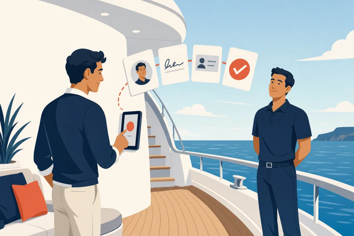 A visitor signing in on the wall-mounted iPad, their photo, signature, ID and a tick coming off the screen, while a crew member stands by at ease