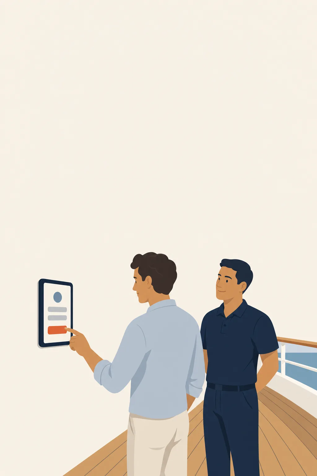 A visitor signing in on the wall iPad inside the passerelle, crew alongside