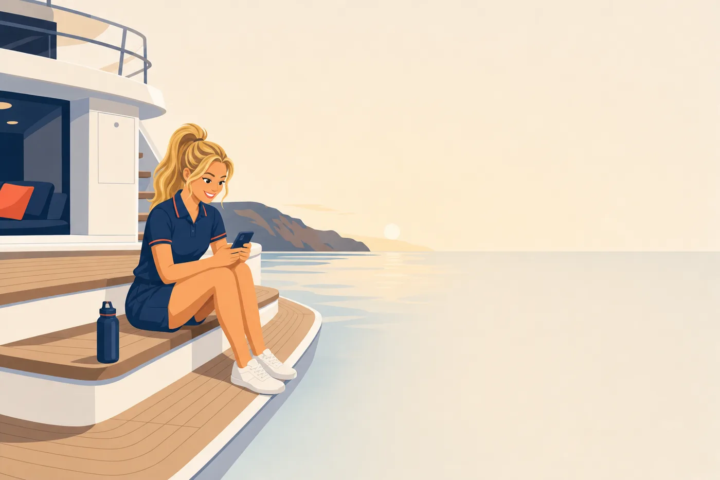 At the end of her shift a crew member sits on the aft deck steps at sunset, logging her day on her phone