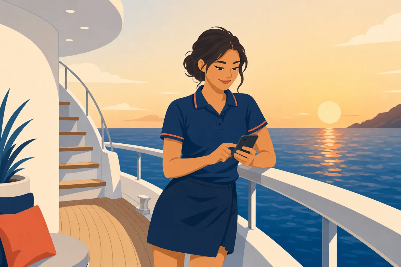 At the end of her shift, the same officer leans on the rail at sunset and logs her day on her phone
