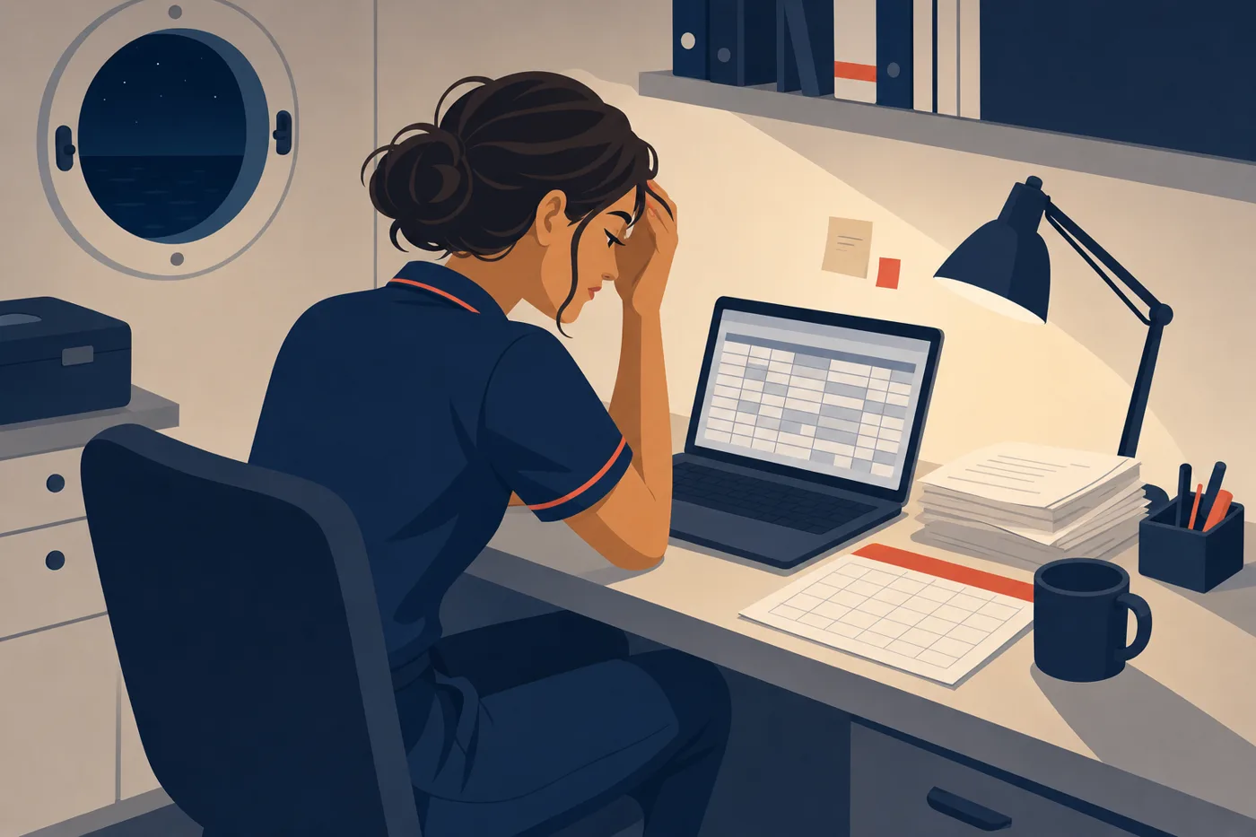 Late at night in a crew office, an officer at a laptop spreadsheet with a stack of paper timesheets, head in her hand