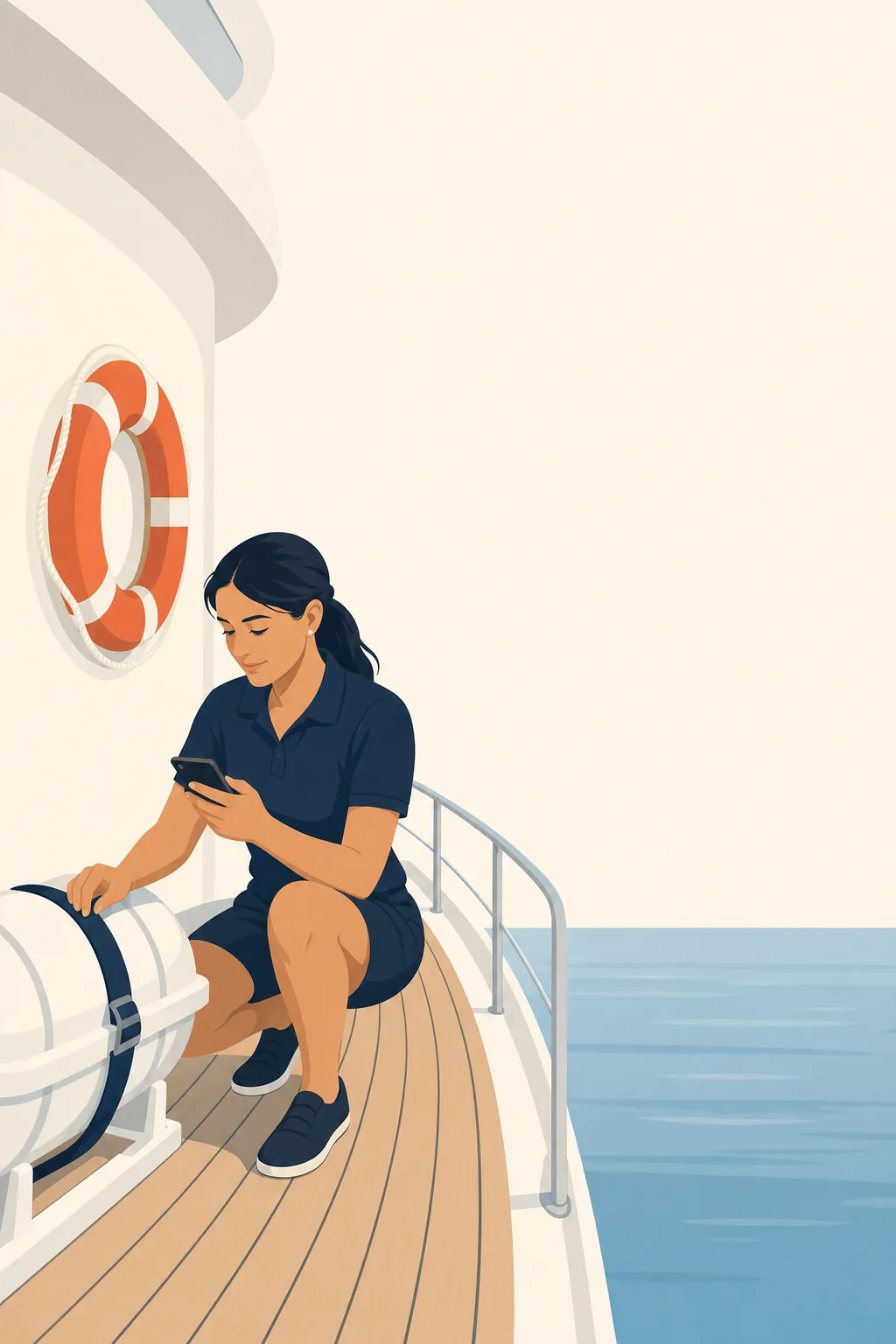 A crew member checking the lashing on a liferaft canister, phone in her other hand