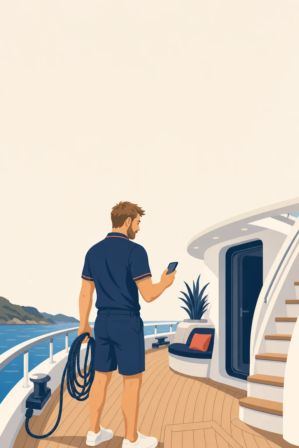 A deckhand coiling a line on the aft deck stops to read his phone, already turning for the door