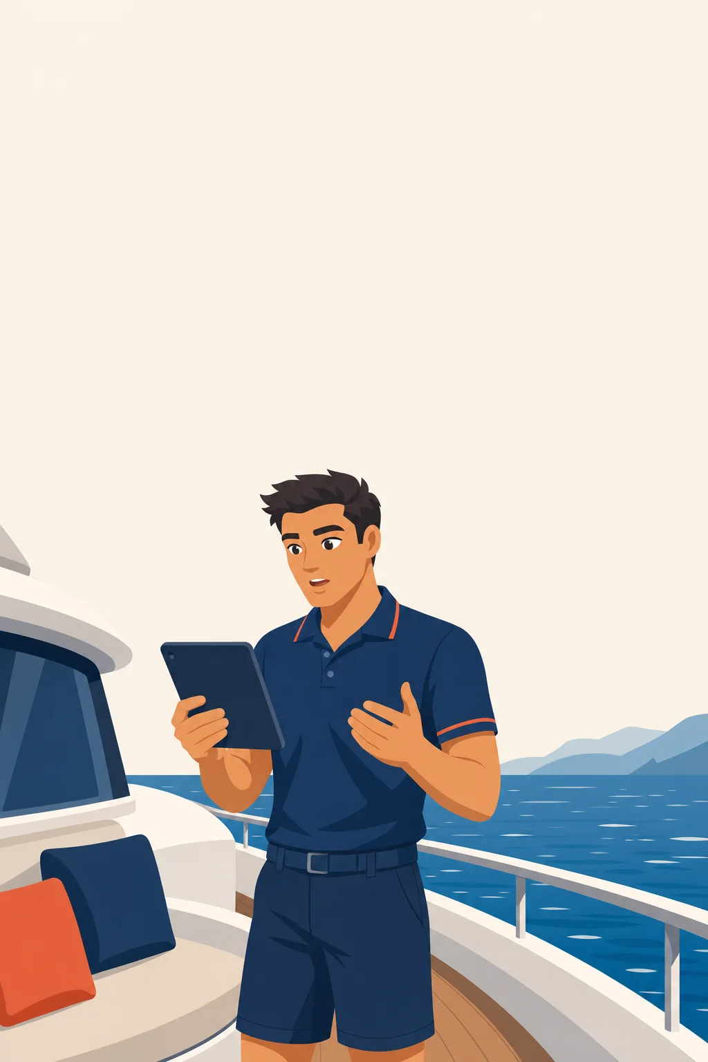 On the bridge wing, a crew member speaks into the iPad on a call