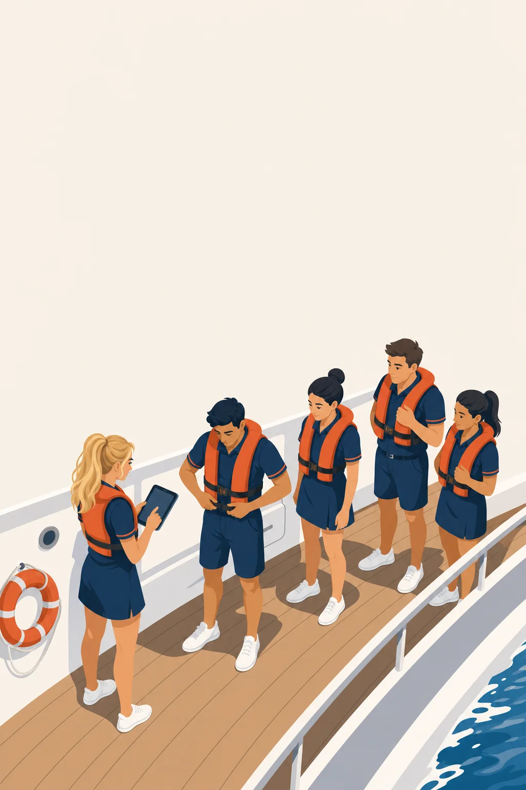 Seen from the deck above: a crew member counts five crew in lifejackets at their muster station on the iPad