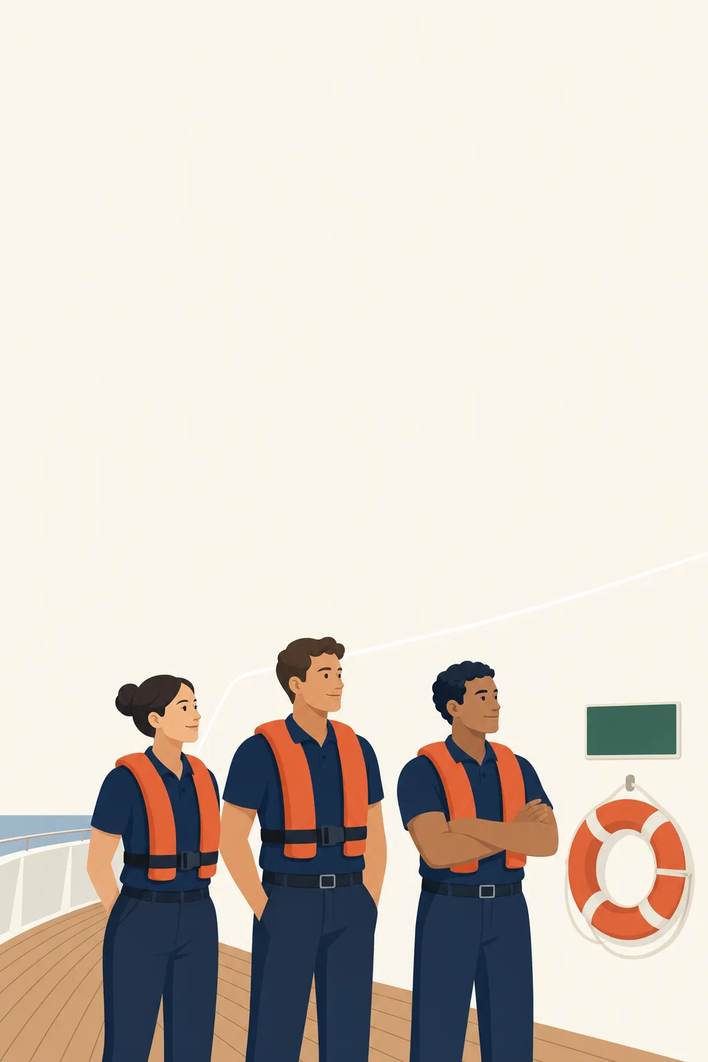 Crew in lifejackets mustered and counted at the muster station