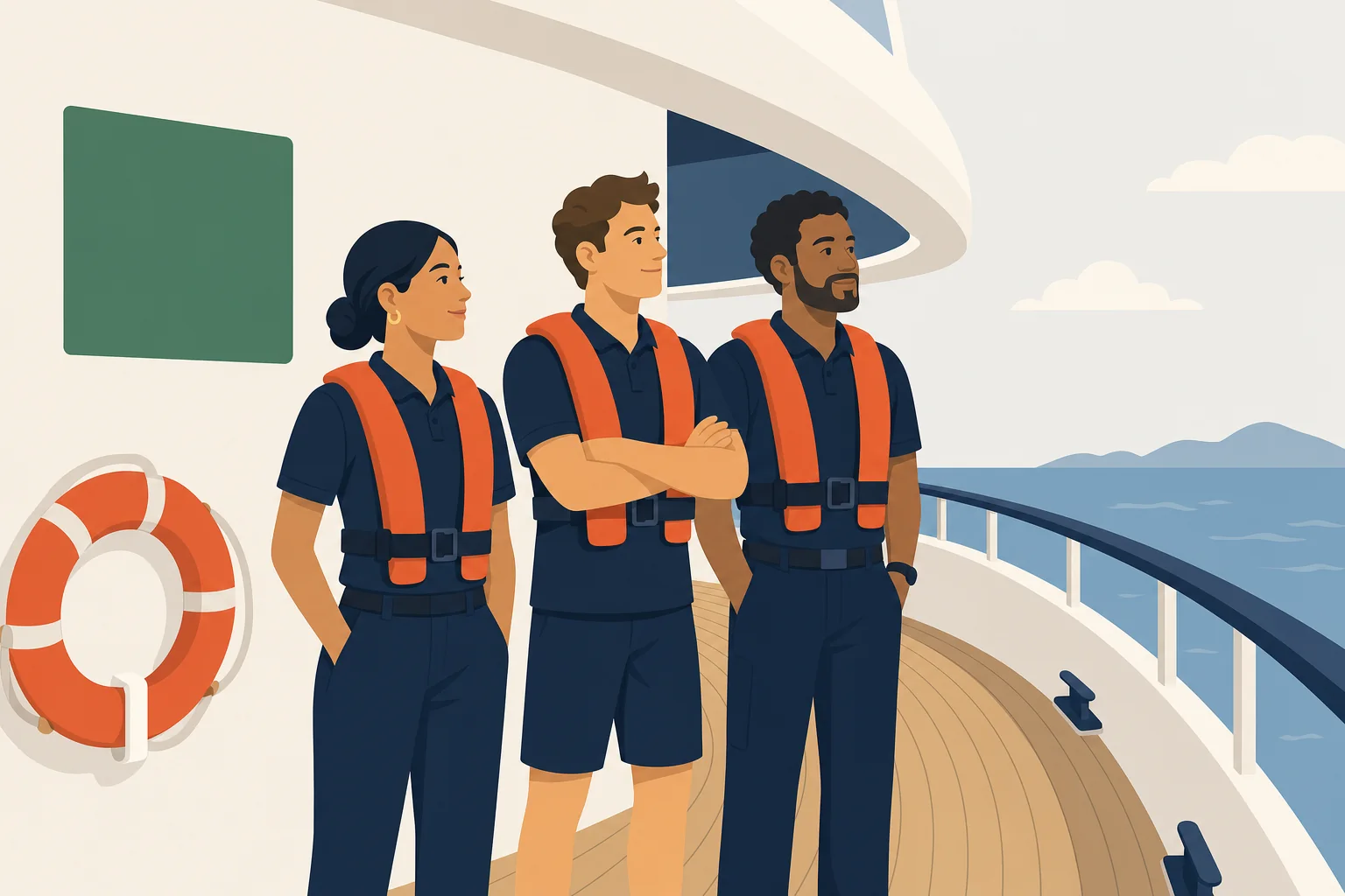 Three crew in lifejackets at the muster station