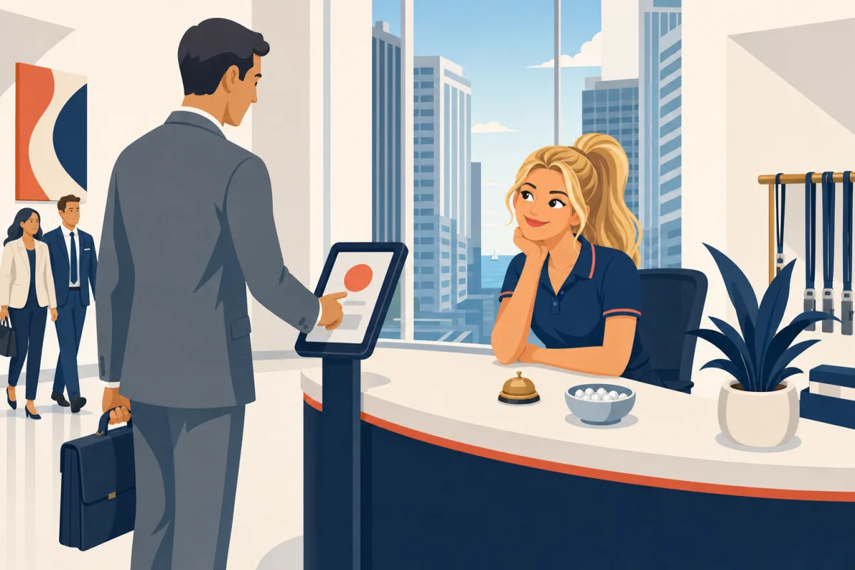 A yacht crew member stuck behind a city office reception desk, gazing out at a glimpse of sea, while a man in a suit signs in on the kiosk