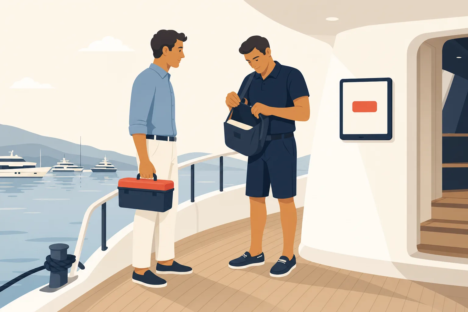 A crew member checking a visitor's bag at the top of the passerelle, with the iPad on the bulkhead beside them