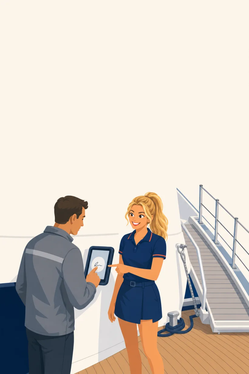 A contractor signing on the wall iPad with a crew member beside him