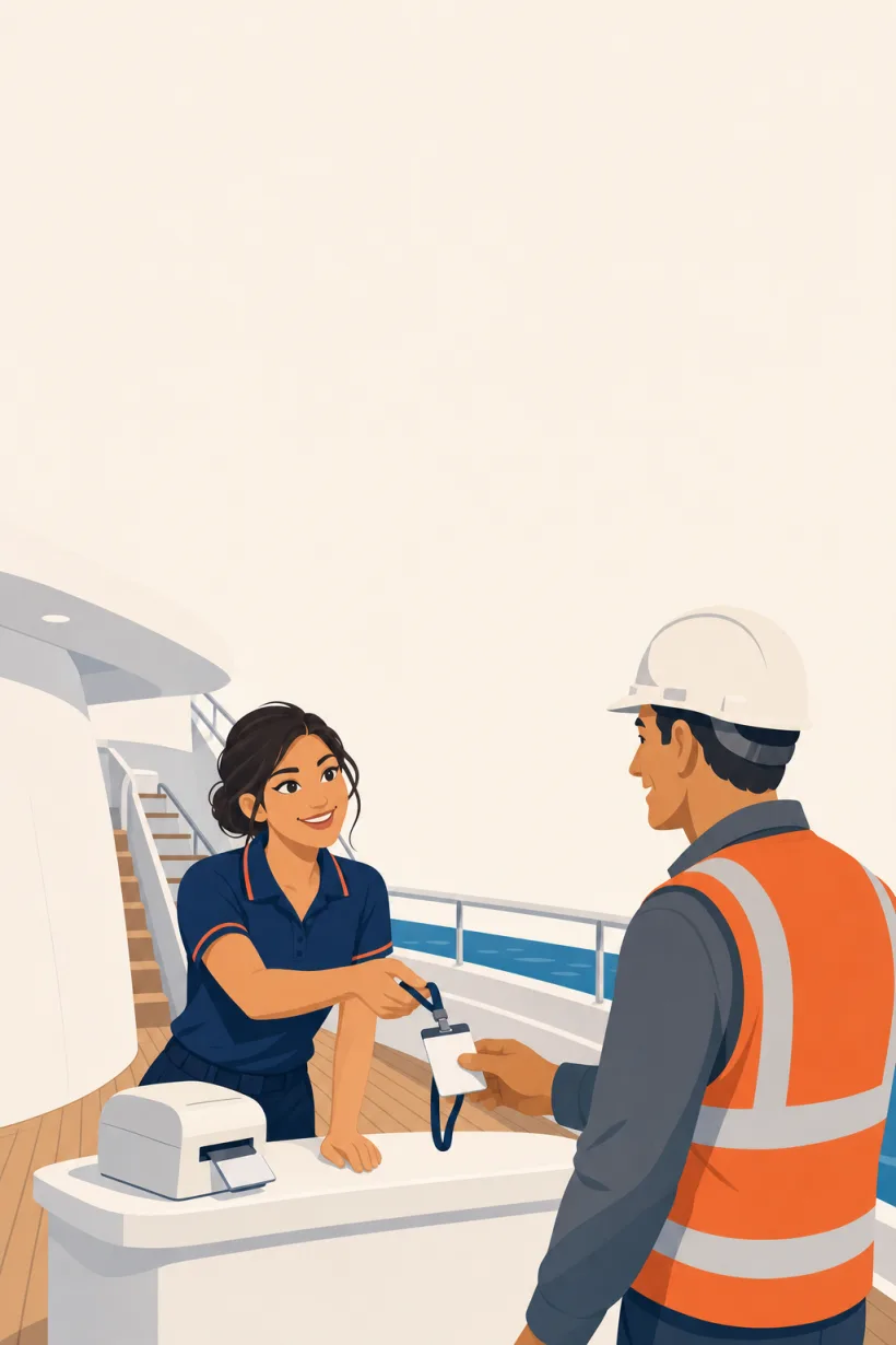 A crew member at the gangway desk handing a freshly printed visitor badge to a contractor, the label printer beside her