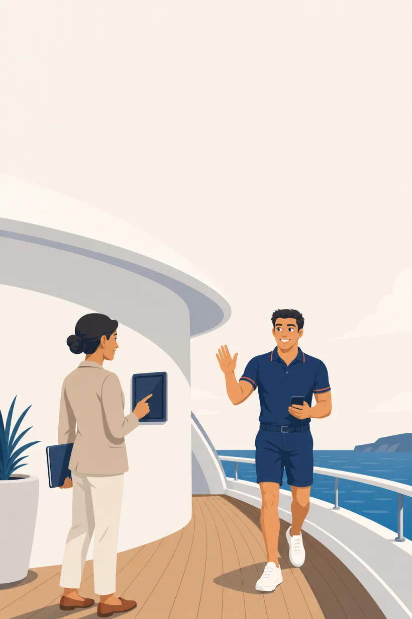 A crew member walking up the deck with a hello for his visitor, who is signing in on the wall iPad