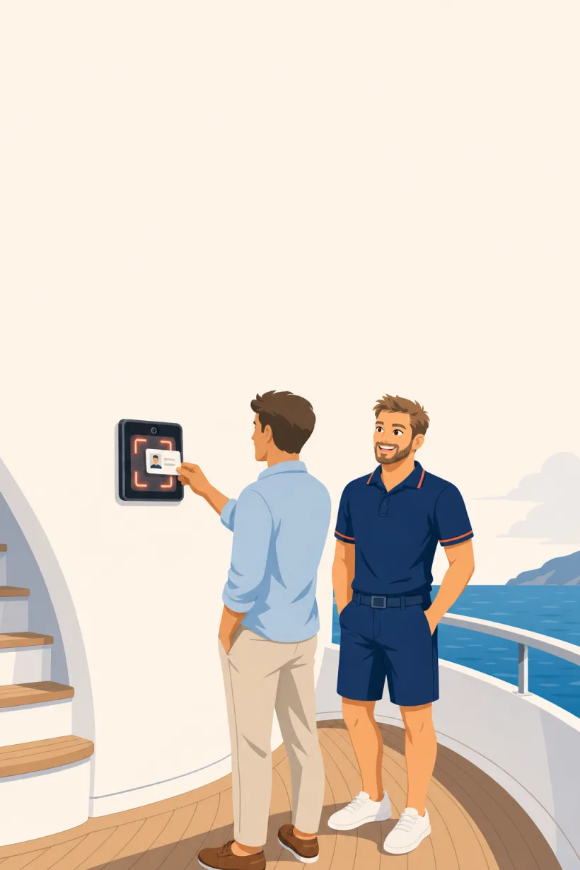 A visitor holding his ID card up to the wall iPad&rsquo;s camera to be scanned, a crew member beside him