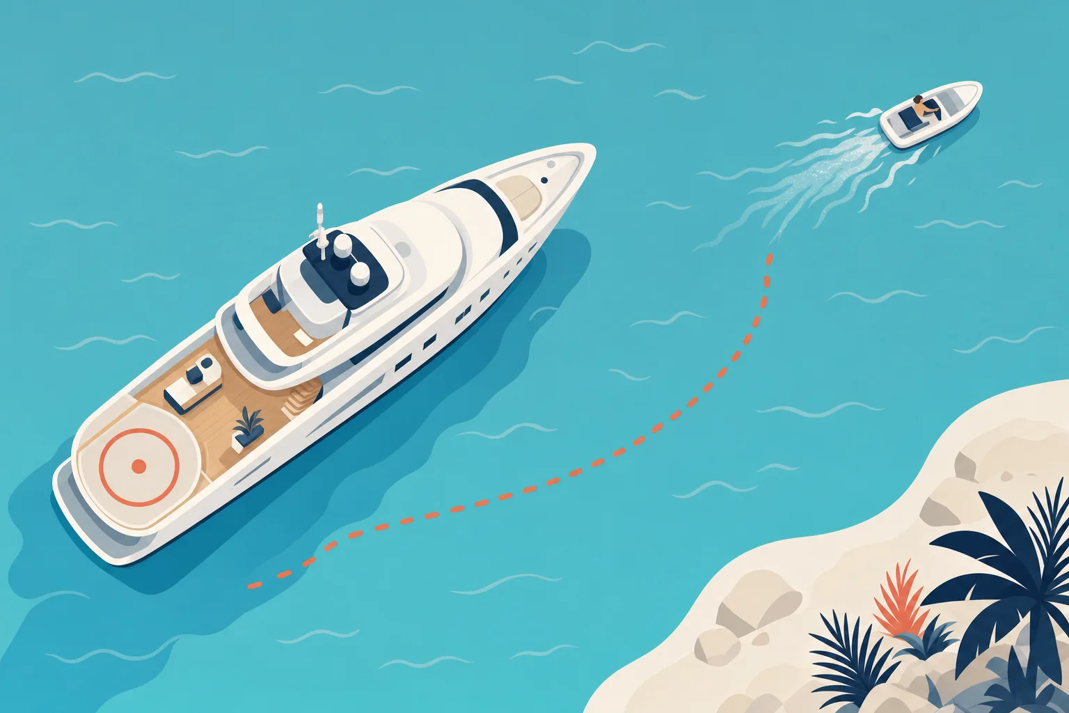 The tender tracker: the tender leaving the yacht, its track behind it