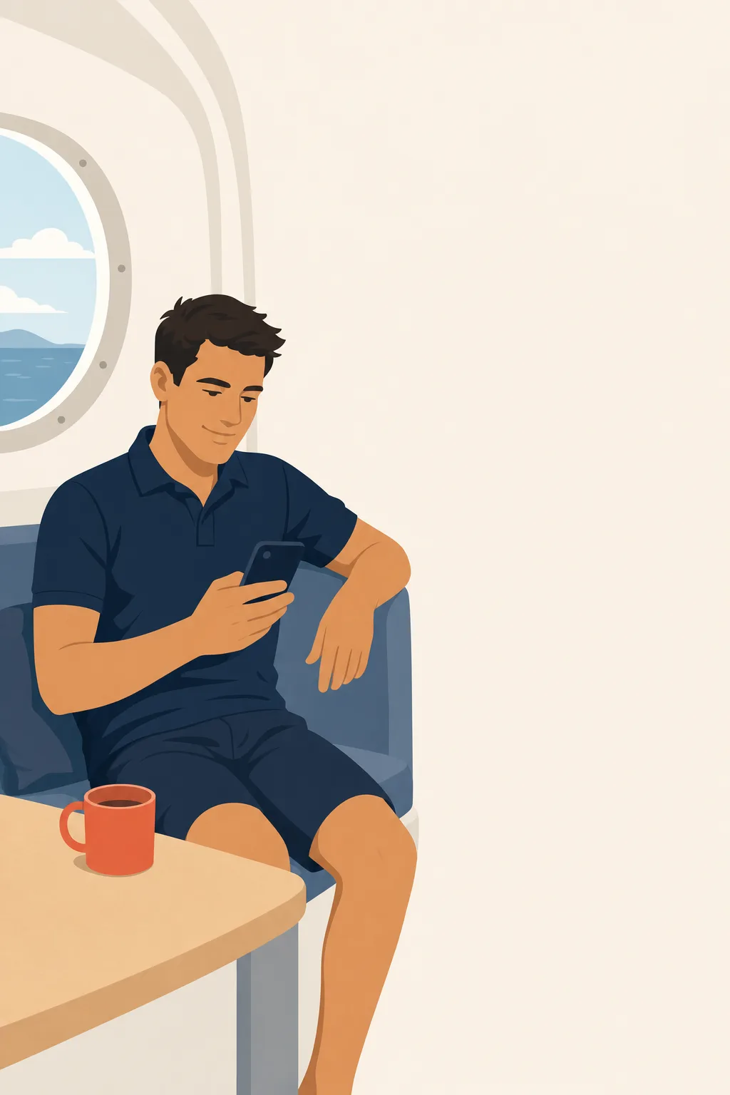 A crew member reading on his phone in the crew mess