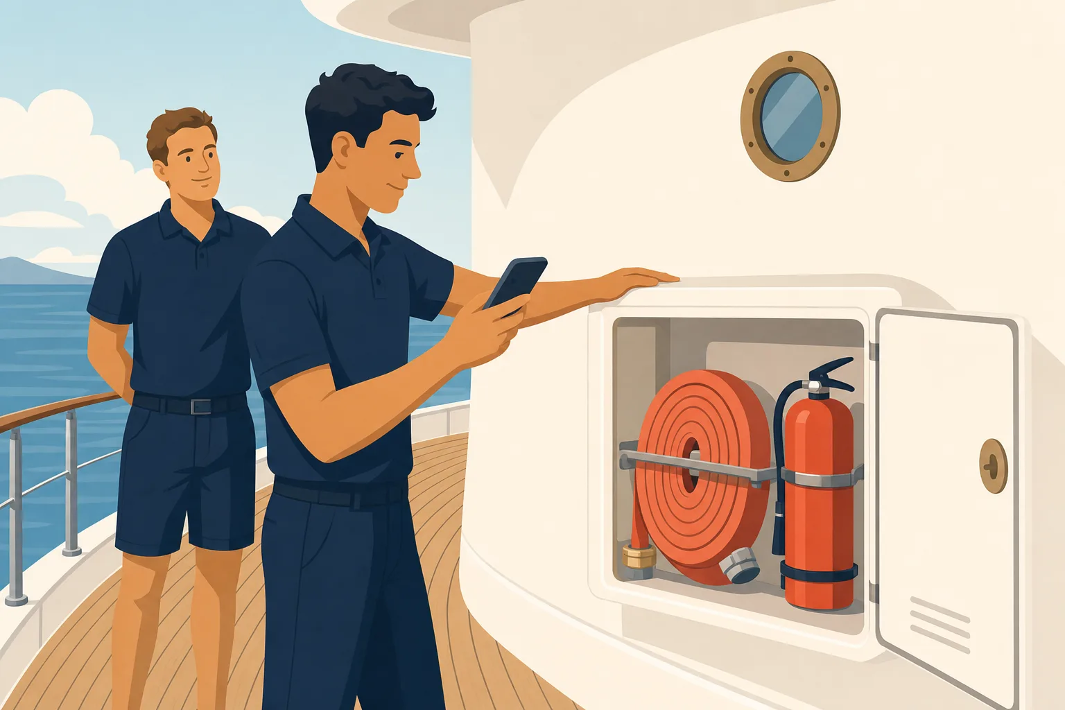 A crew member checking the fire locker with his phone in hand
