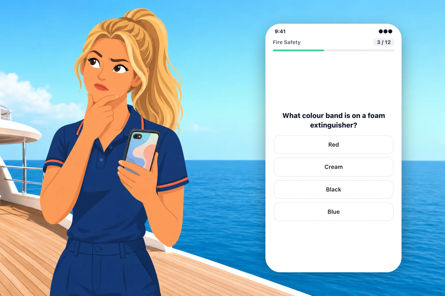 A crew member on deck thinking over a question on her phone: what colour band is on a foam extinguisher?