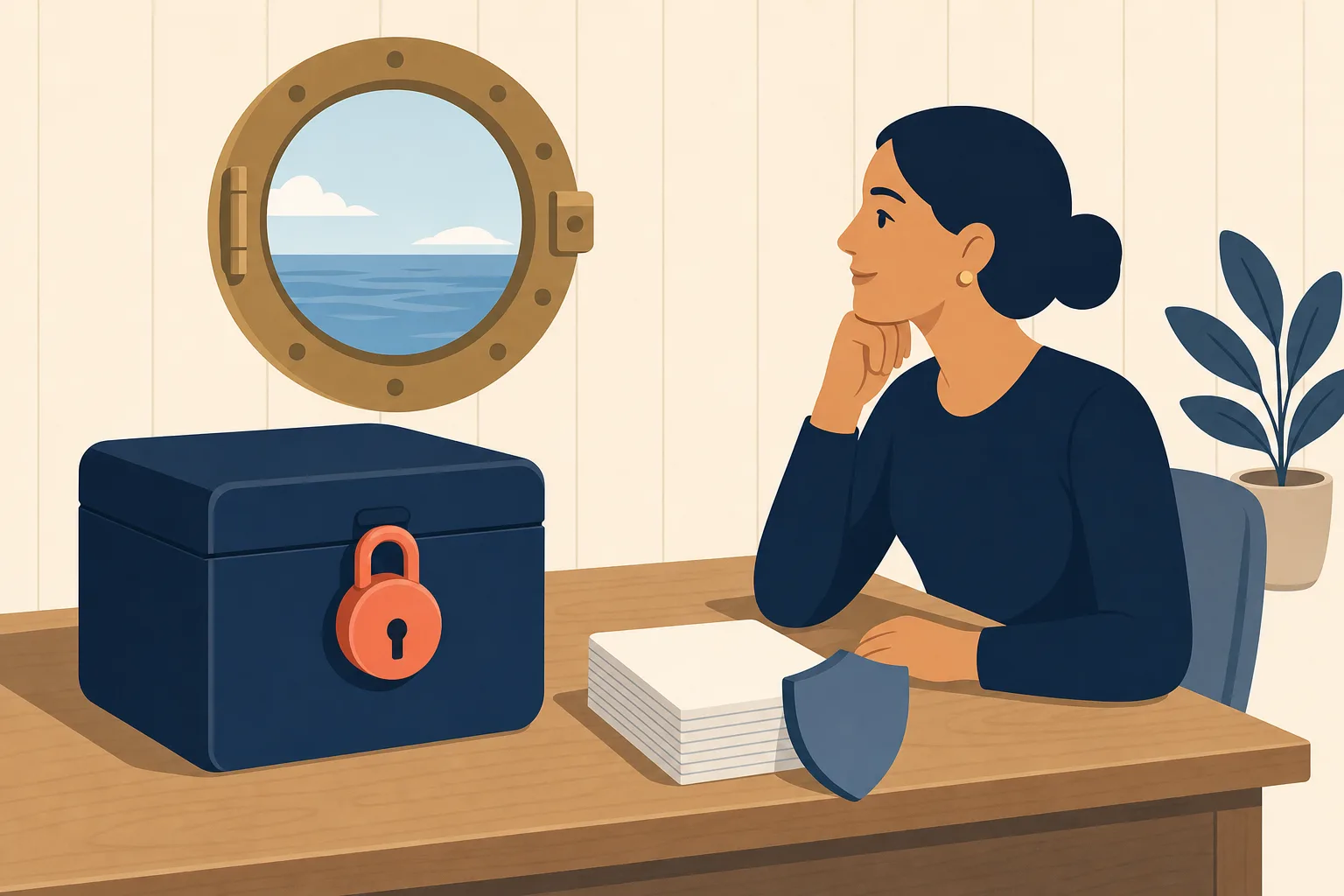 A locked strongbox and a stack of documents on a desk in a wood-panelled yacht office