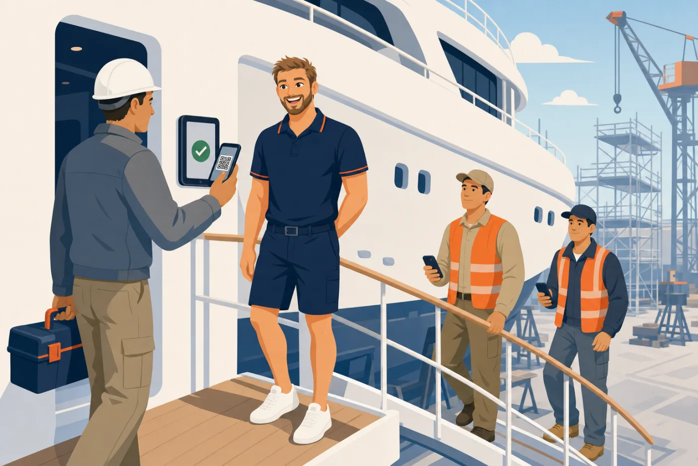 A contractor scanning his QR pass on the wall iPad at the top of the passerelle in a refit yard, a crew member nodding him through