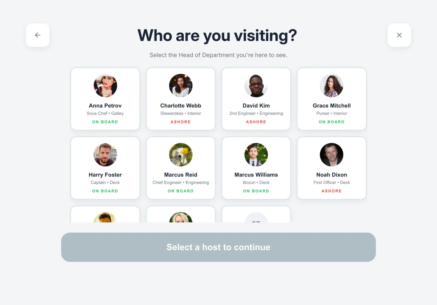 The iPad host selection screen asking who are you visiting, with a card per head of department showing photo, rank, department and whether they are on board or ashore.