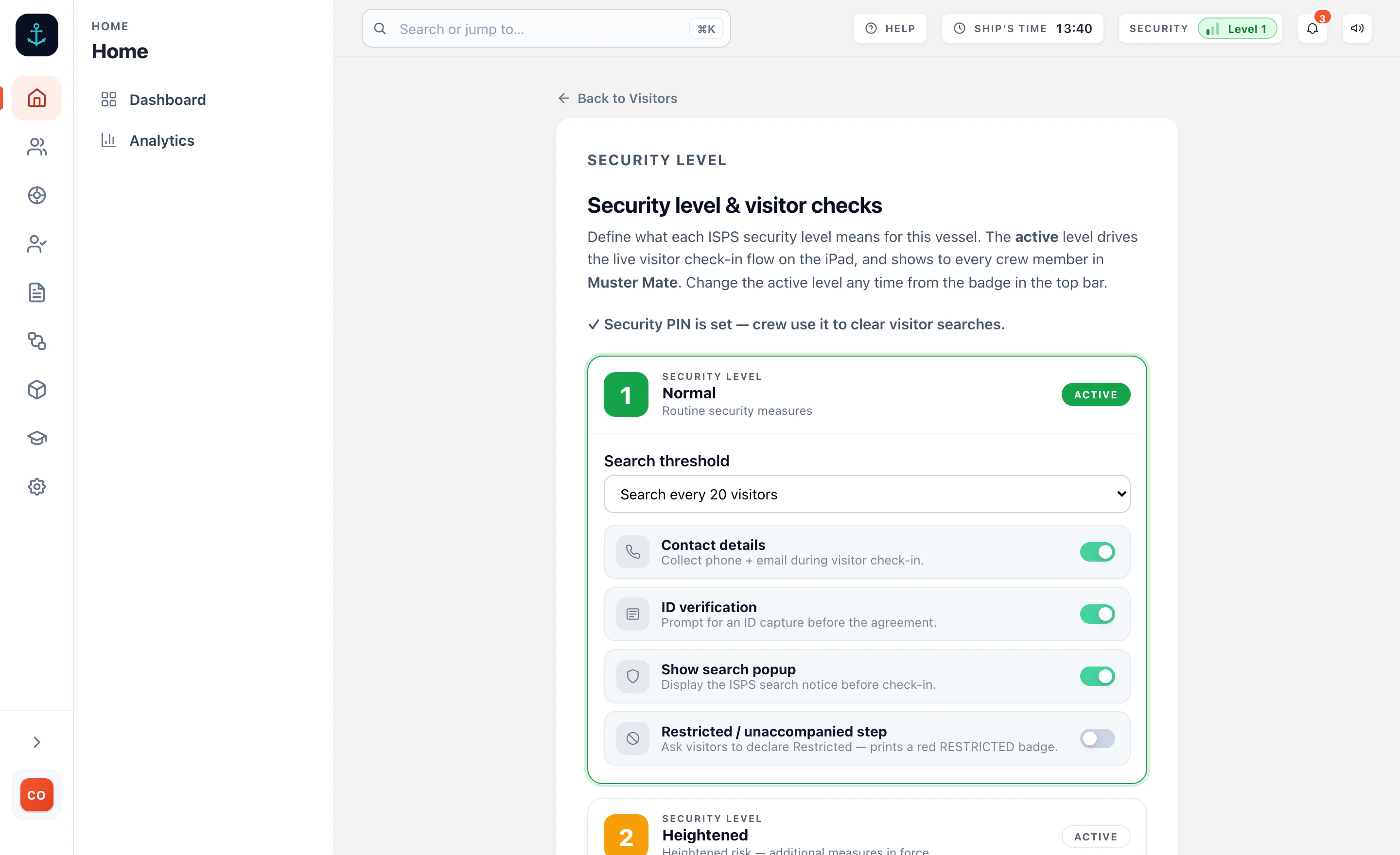 The admin security level page. Level 1 Normal is active with its search threshold set to search every 20 visitors, and switches for contact details, ID verification, the search notice and the restricted step. Level 2 Heightened sits below it, set to search every 5 visitors.