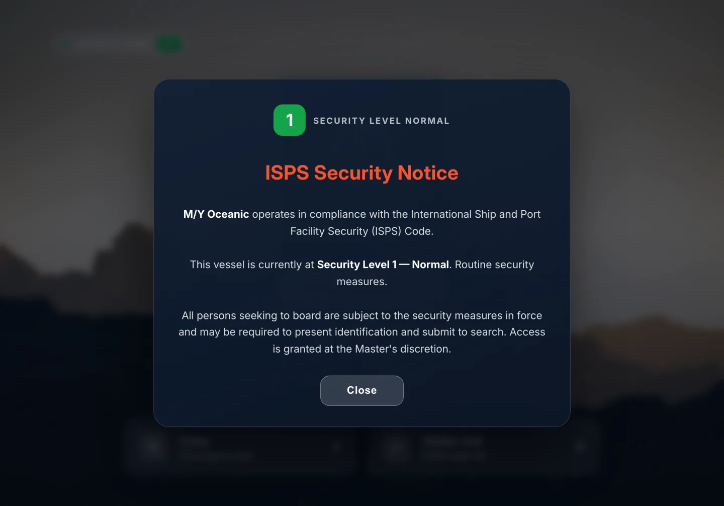 The ISPS security notice on the iPad, naming the vessel, stating the security level in force, and that all persons seeking to board may be required to present identification and submit to search.