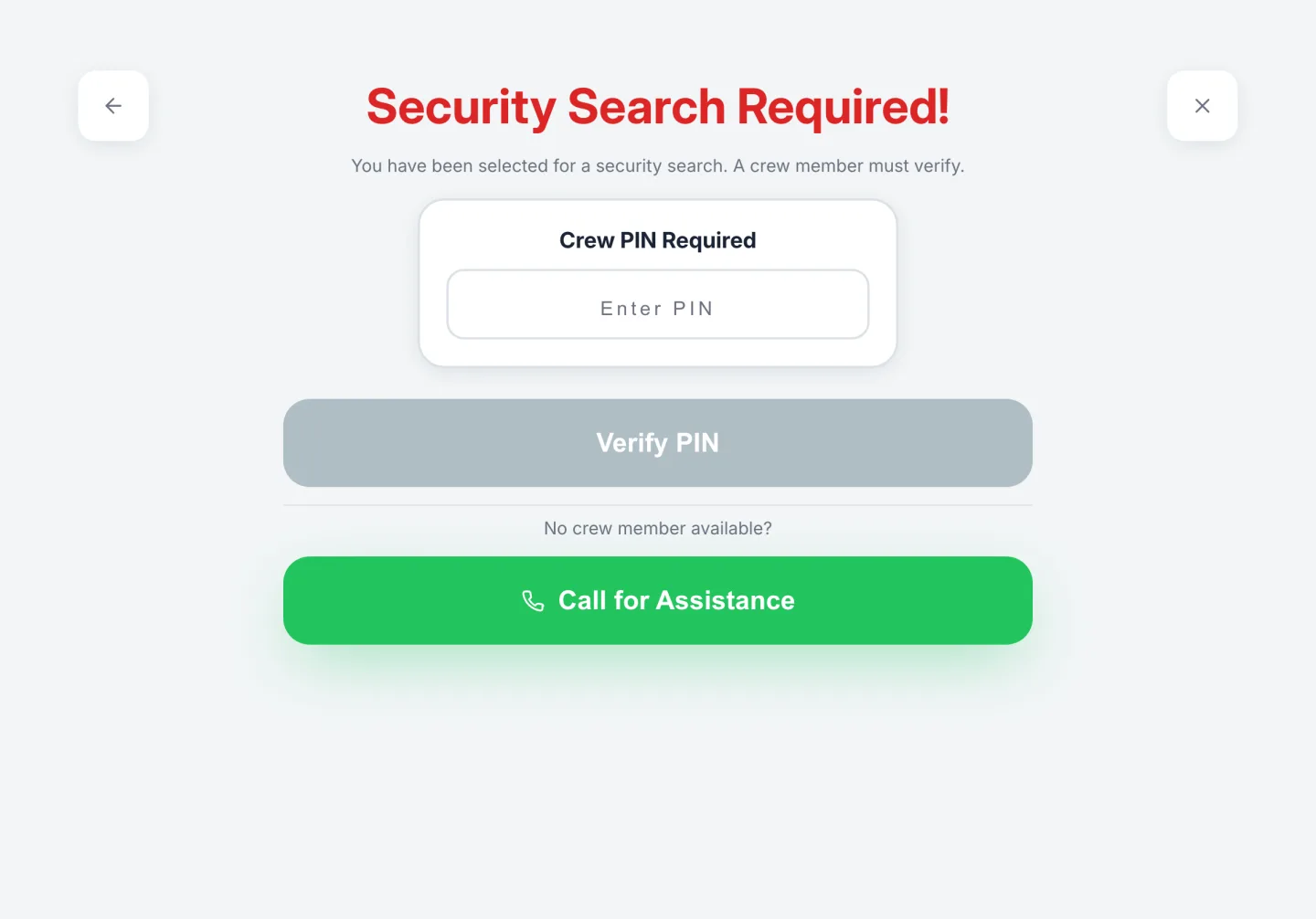 The iPad check-in screen showing Security Search Required, with a crew PIN field and a call for assistance button.
