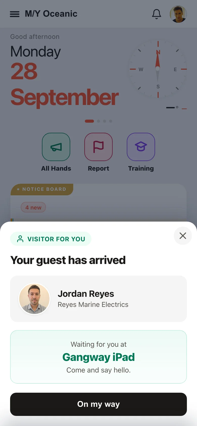 Muster Mate on the host's phone: your guest has arrived, waiting at the Gangway iPad, with an On my way button