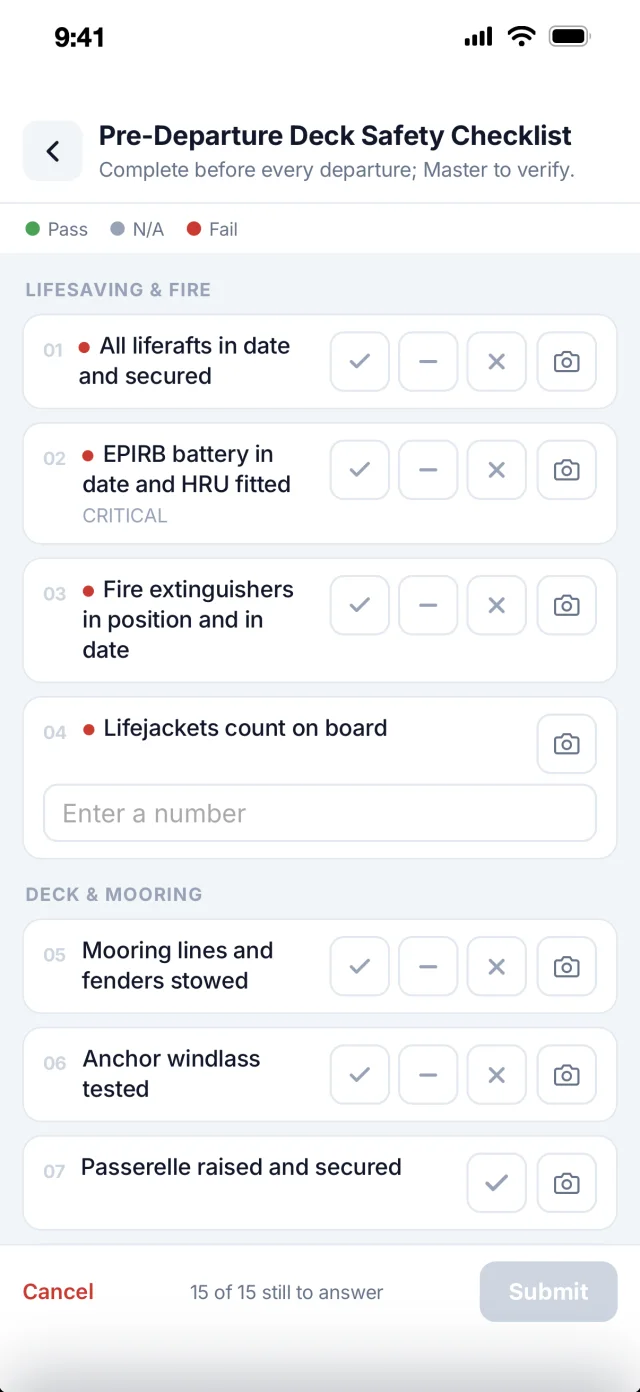 The pre-departure deck safety checklist on a crew phone, grouped into lifesaving, fire, deck and mooring, with pass, N/A, fail and photo buttons on each item.