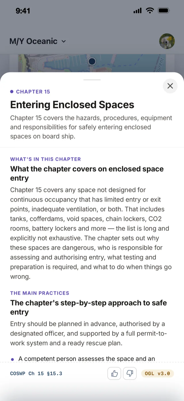 A COSWP safety topic open in Muster Mate, with the chapter reference and the reading time.
