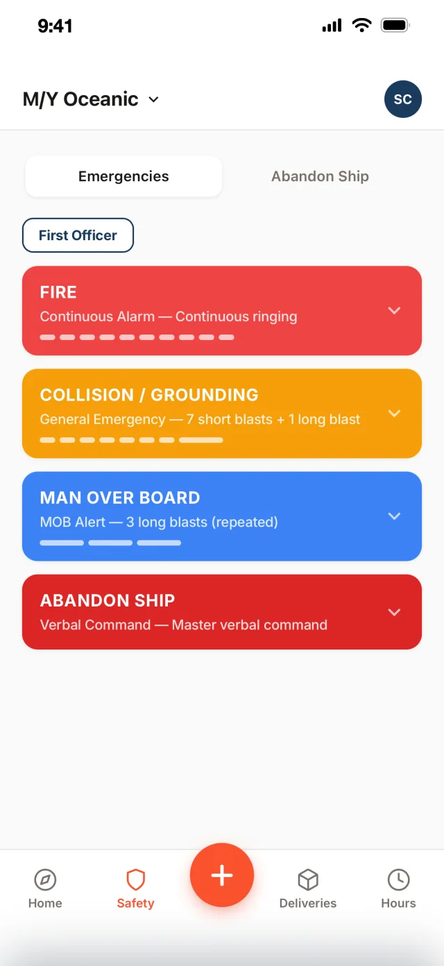Muster Mate showing a crew member's muster duties, with the alarm signal for each emergency.