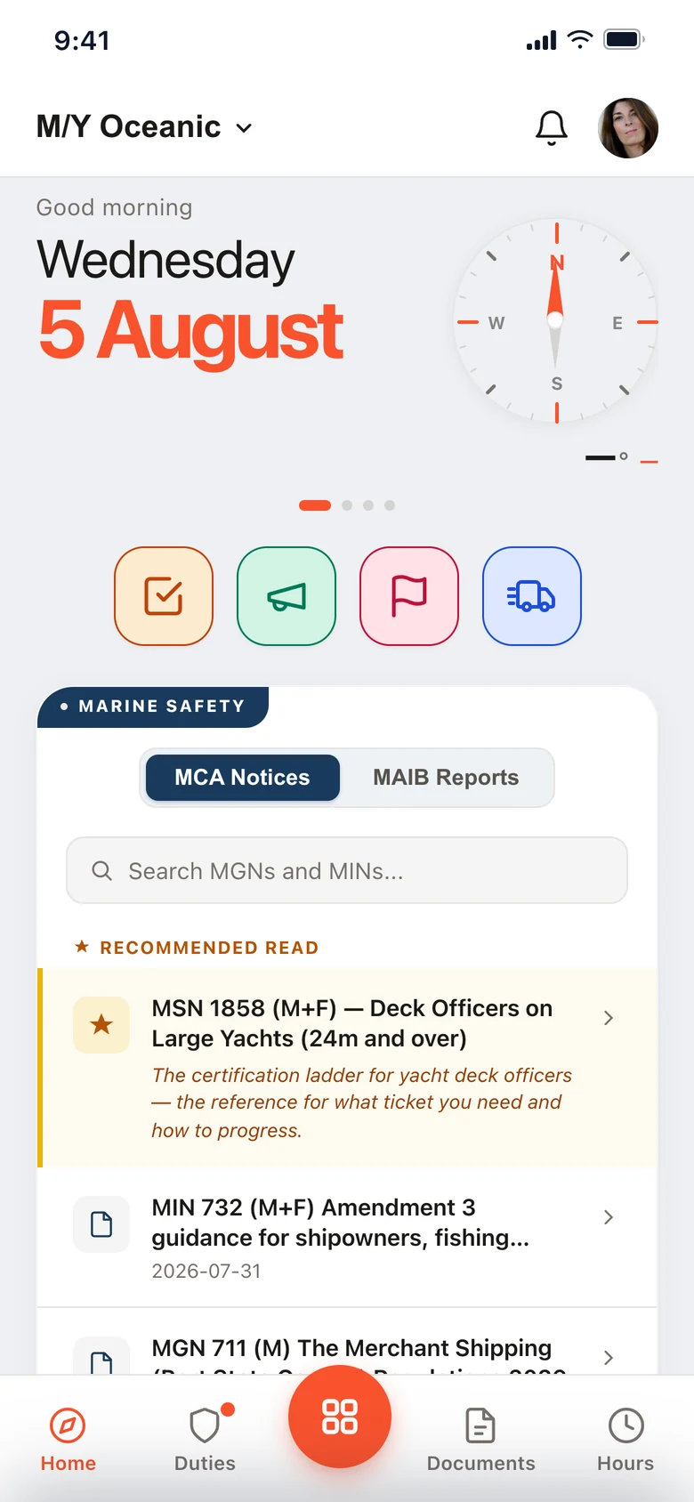 The Muster Mate home screen on a crew phone: the vessel, the day, and the marine safety notices the crew member can read.