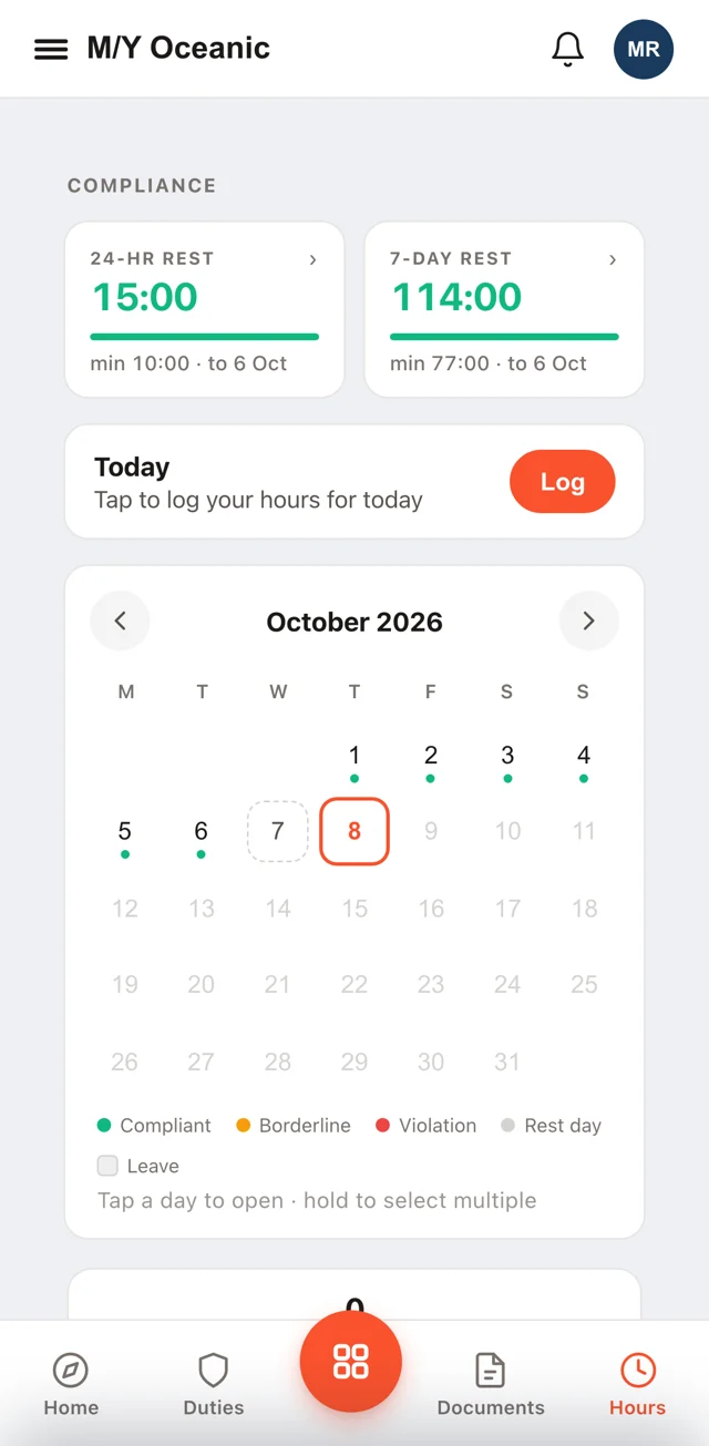 Hours of Rest on a crew member&rsquo;s phone