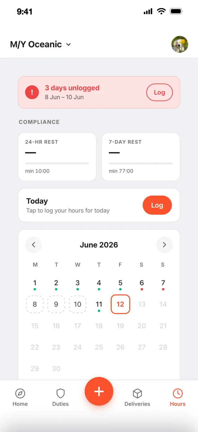 Hours of Rest on Muster Mate: compliance cards, unlogged-day reminders, and the month calendar.